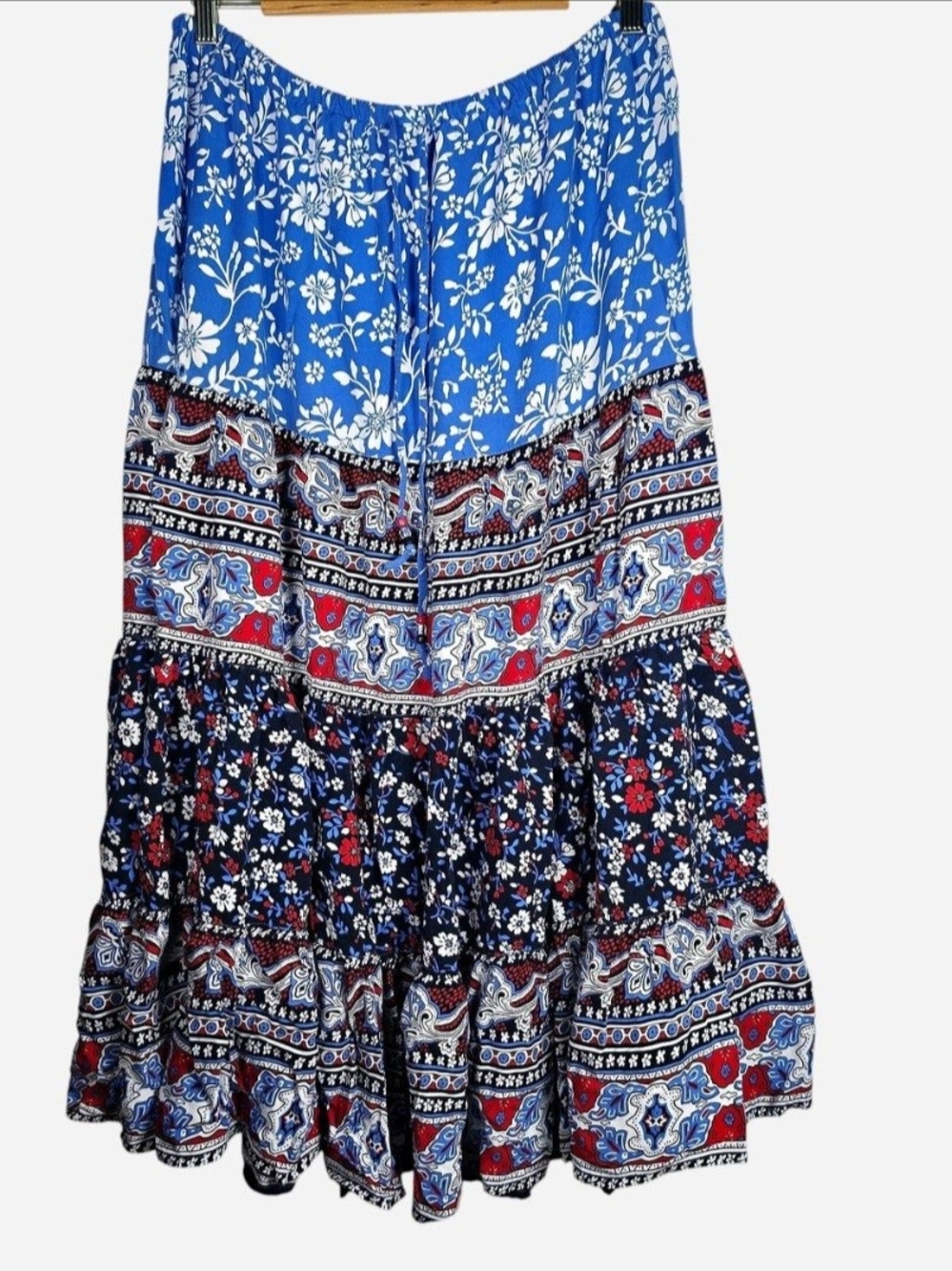 Boho Cottagecore Paisley Patchwork Tiered Maxi Hippie Skirt Womens Size Large
